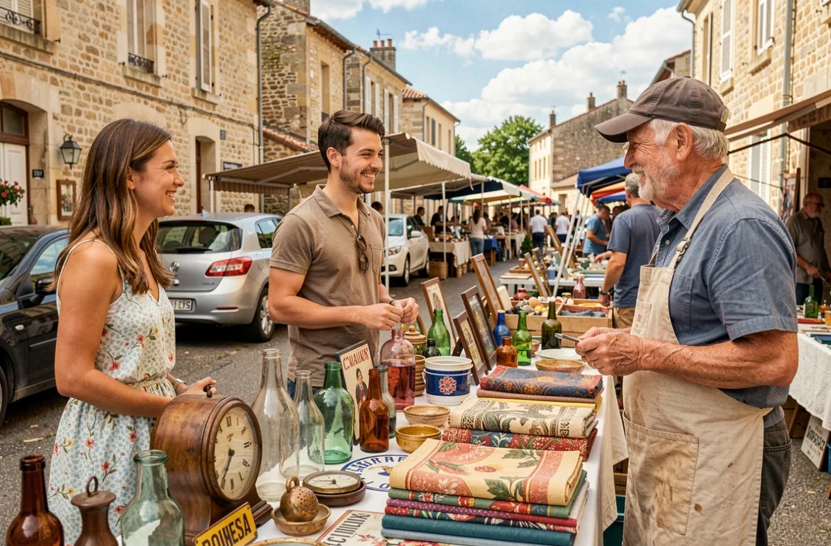 Couple discutant avec un vendeur devant un étal d'objets déco vintage lors d'un vide grenier dans le 46 ou le 12