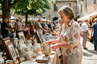 Femme parcourant un vide grenier en plein air avec des objets vintage et de la déco ancienne dans le Lot