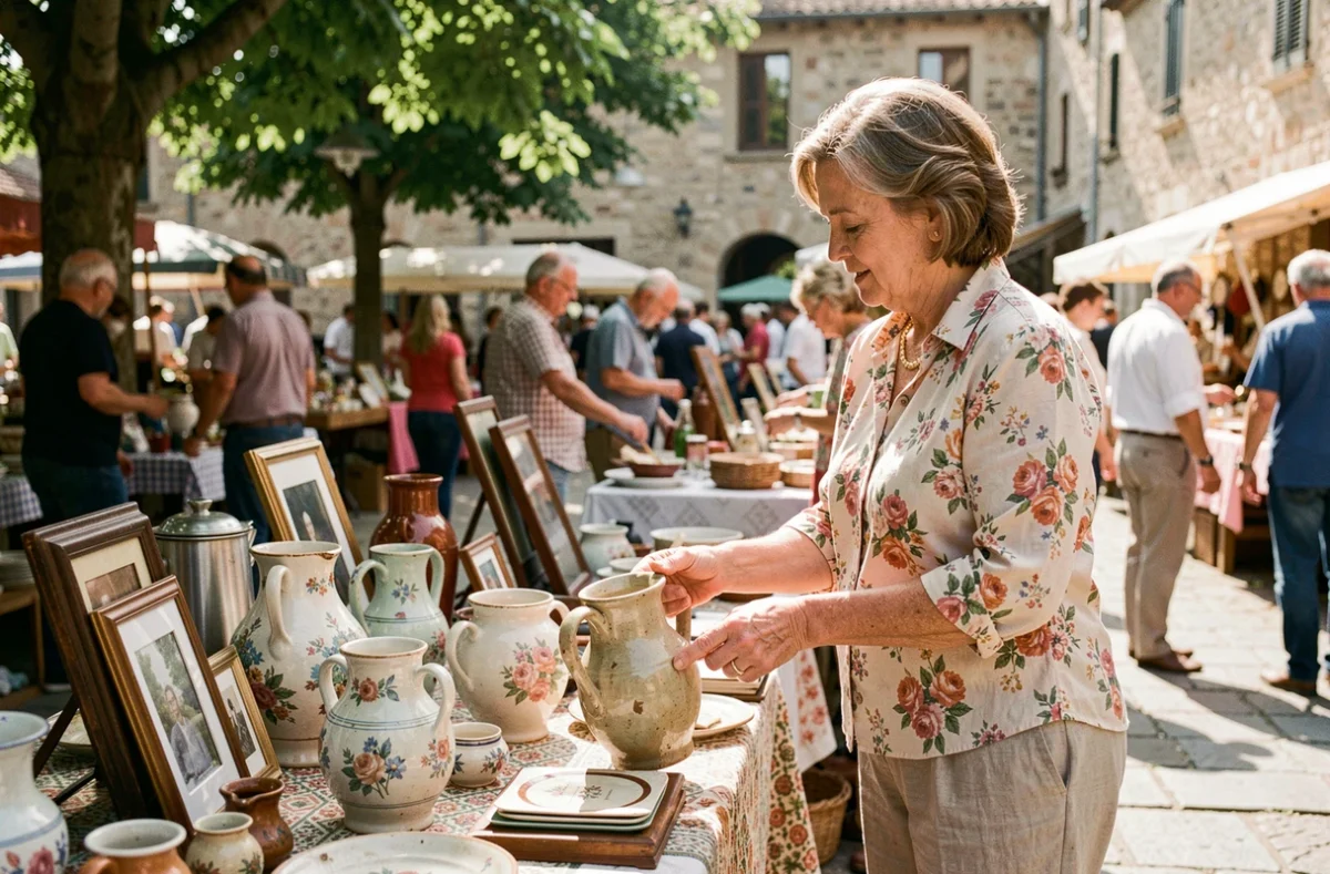 Femme parcourant un vide grenier en plein air avec des objets vintage et de la déco ancienne dans le Lot