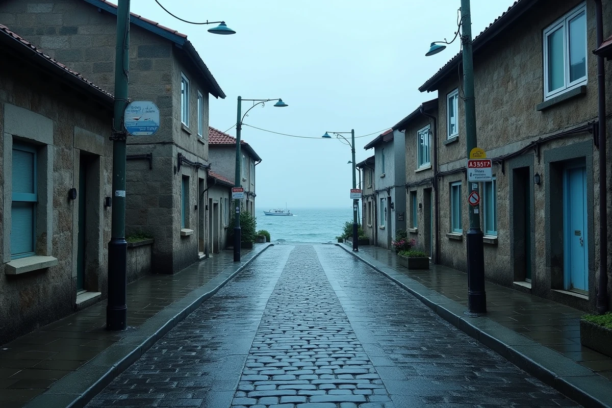 Rue côtière déserte avec panneaux d'évacuation tsunami dans un village balnéaire européen au petit matin
