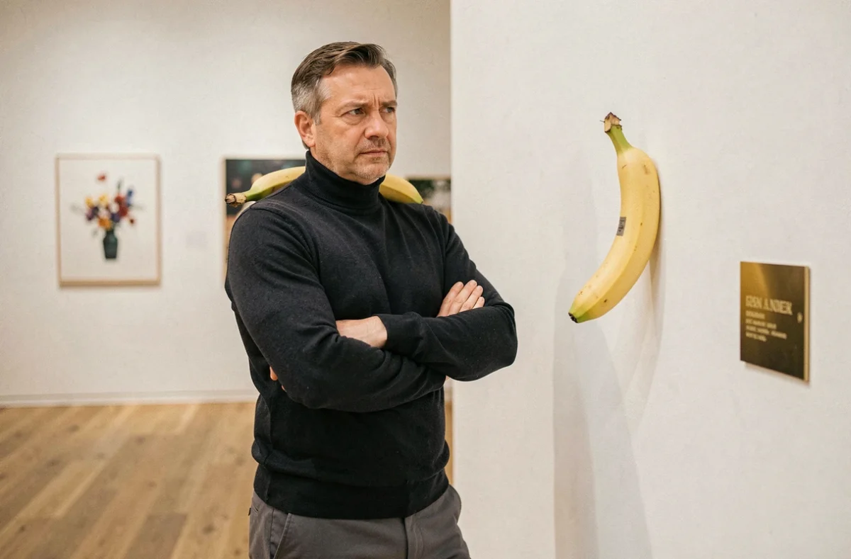Visiteur masculin contemplant une banane fixée au mur dans une galerie d'art contemporain, questionnant la valeur et le sens de l'art conceptuel
