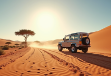 Voiture 4x4 dans le désert namibien avec dunes et acacias