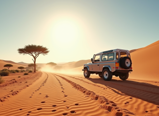 Voiture 4x4 dans le désert namibien avec dunes et acacias