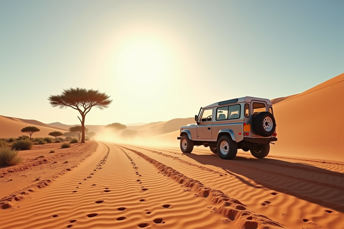 Voiture 4x4 dans le désert namibien avec dunes et acacias