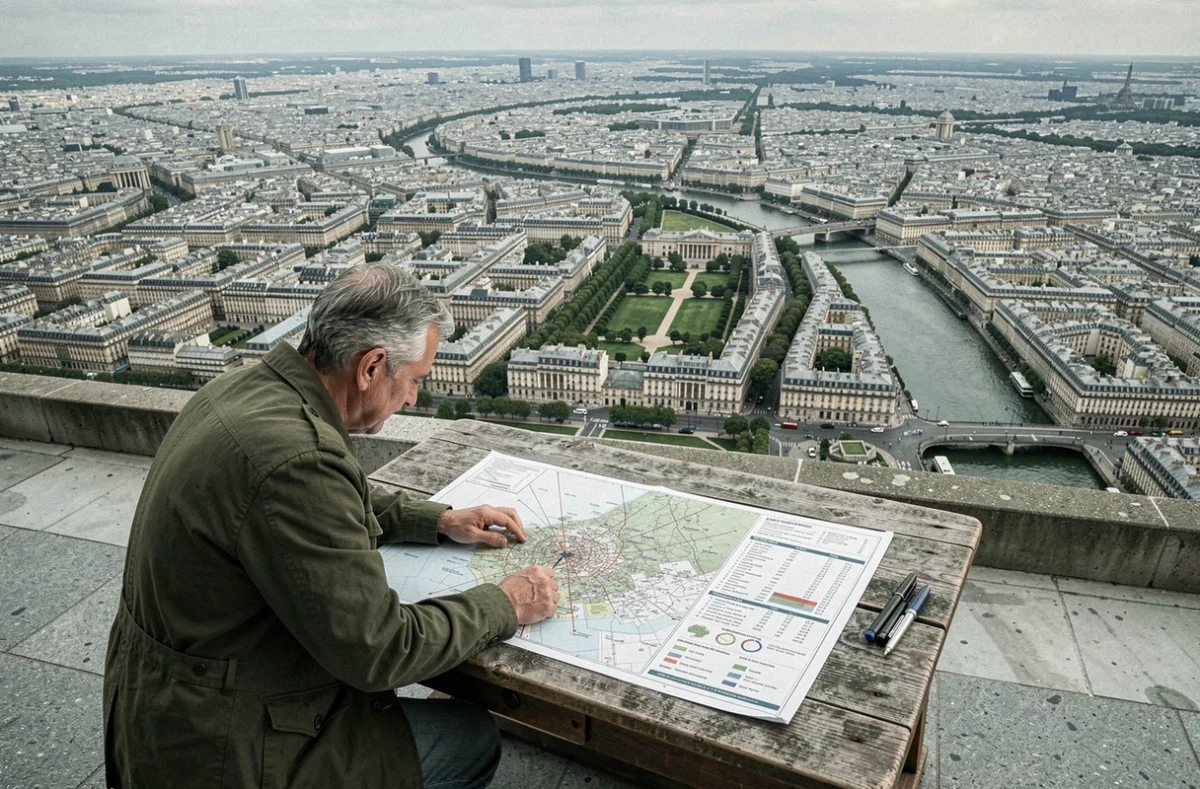 Vue aérienne de Paris depuis un belvédère avec un cartographe analysant une carte topographique de la superficie et des arrondissements parisiens