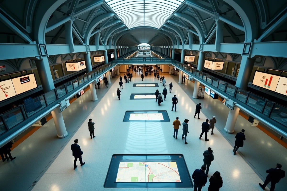 Vue en plongée du hall d'une station moderne de la ligne 14 avec panneaux de temps de trajet et plan du métro parisien
