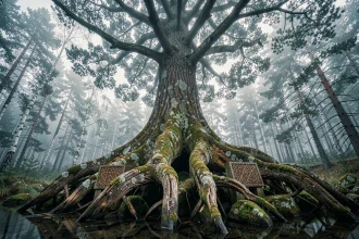 Yggdrasil, l'arbre cosmique nordique, représenté par un frêne ancestral aux racines nouées dans une forêt brumeuse scandinave avec des runes gravées