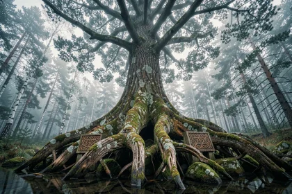 Yggdrasil, l'arbre cosmique nordique, représenté par un frêne ancestral aux racines nouées dans une forêt brumeuse scandinave avec des runes gravées
