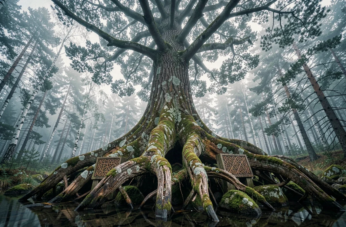 Yggdrasil, l'arbre cosmique nordique, représenté par un frêne ancestral aux racines nouées dans une forêt brumeuse scandinave avec des runes gravées